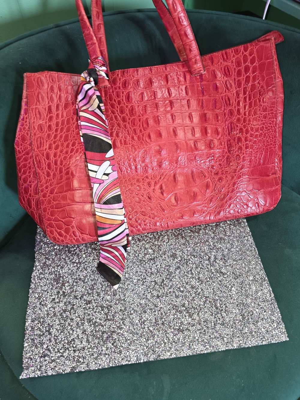 Furla Red Croc-Embossed Leather Tote with Scarf Accent
